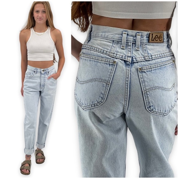 Vintage 80s Lee Jeans High Waisted Tapered Leg Light Wash 100% Cotton | 24 x 30 - Picture 1 of 13